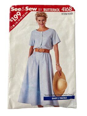 80s Butterick 4168 Sewing Pattern Size 16-24 See & Sew Petite Dress Vintage CUT